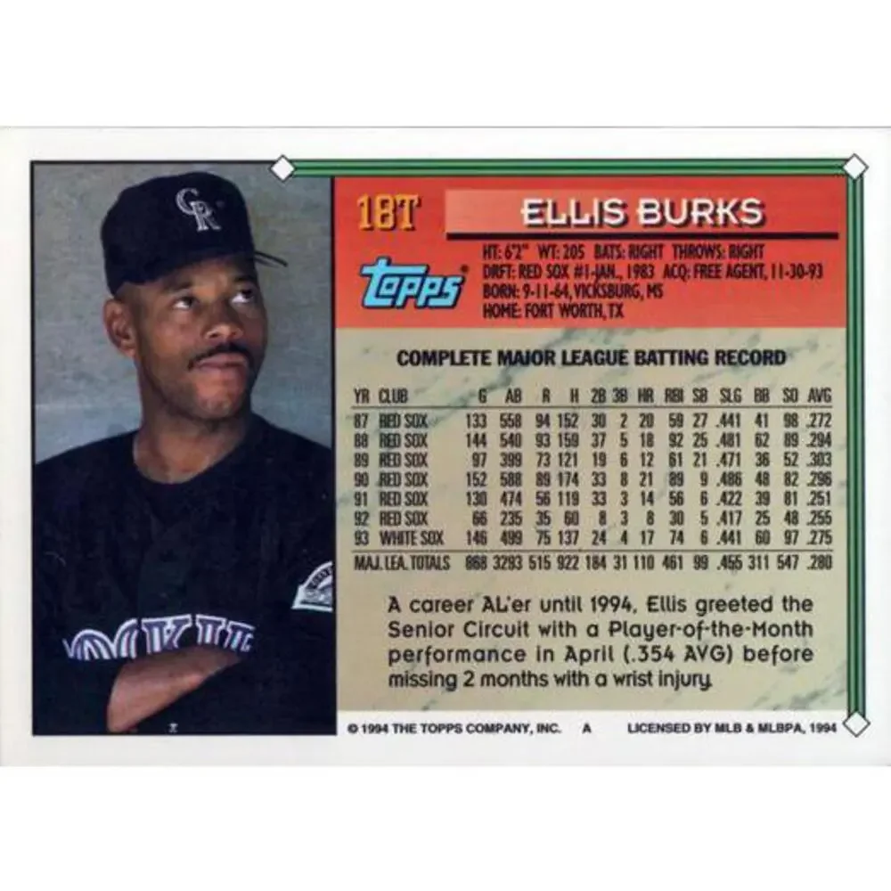 1994 Topps Traded Ellis Burks 18T Colorado Rockies
